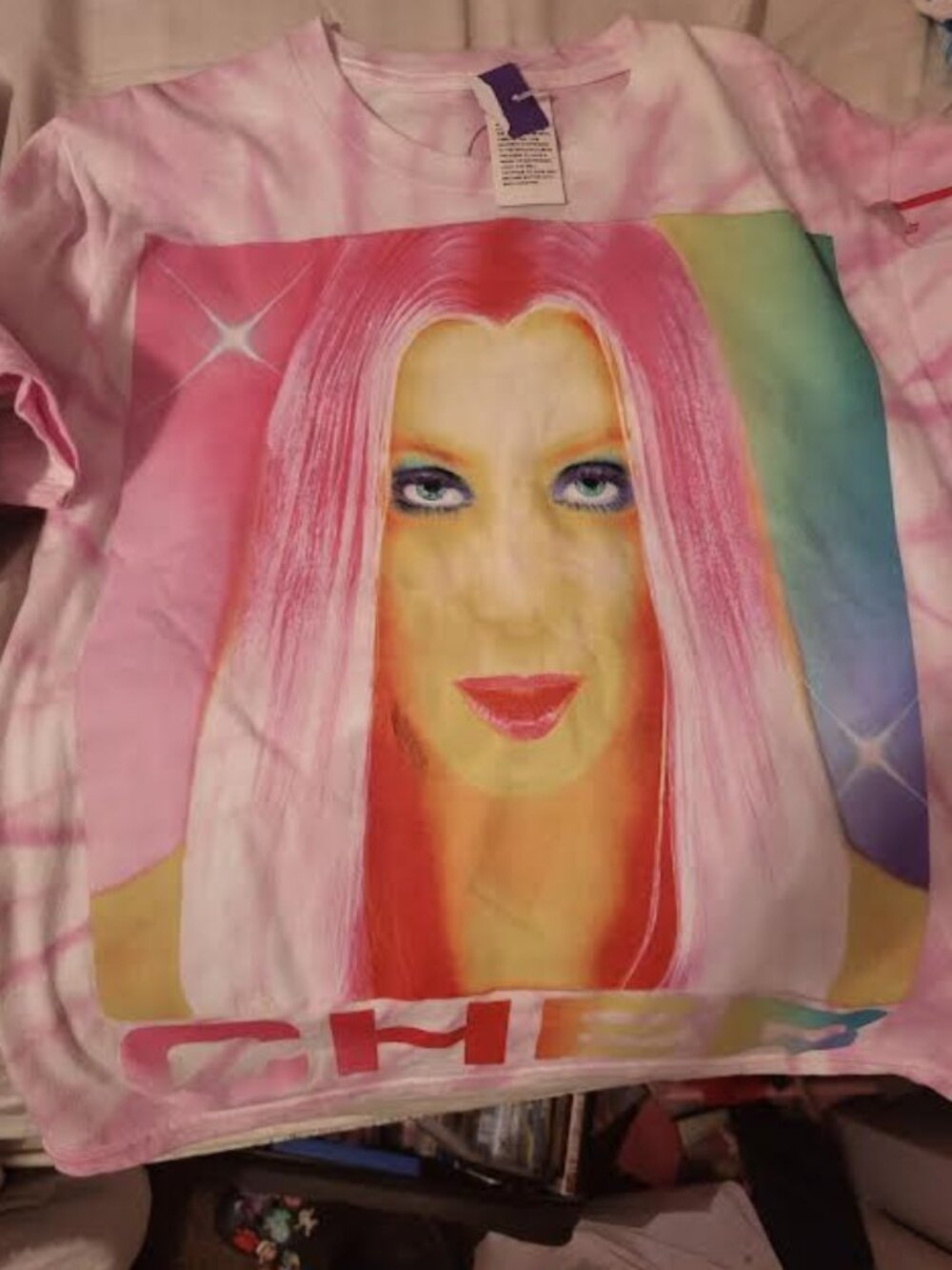 Womens Cher Pink Hair Pink Tie Dye T-Shirt Size XS